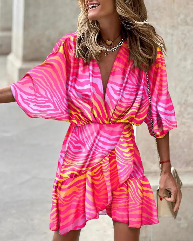 Women's Mini Dress – Puff Sleeves, V-Neckline, Asymmetrical Hem