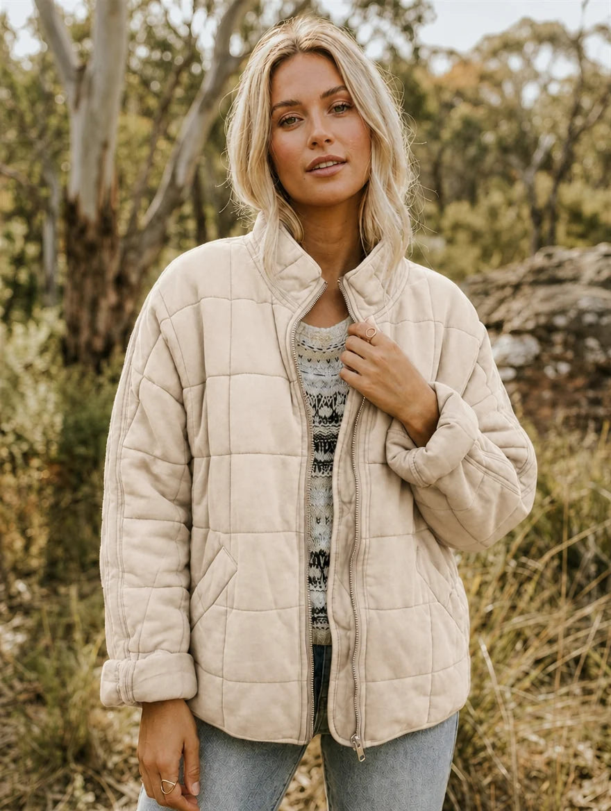 Women's quilted Jacket with Zipper Closure – Stand Collar, Diamond Pattern