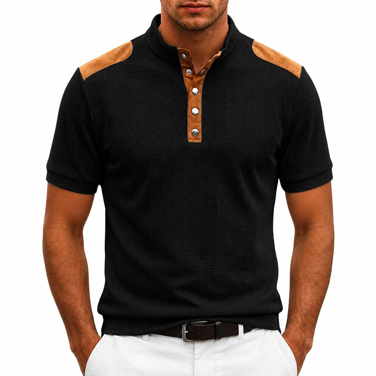 Men's Buttoned Stand-Collar T-shirt – Contrasting Panel Detail