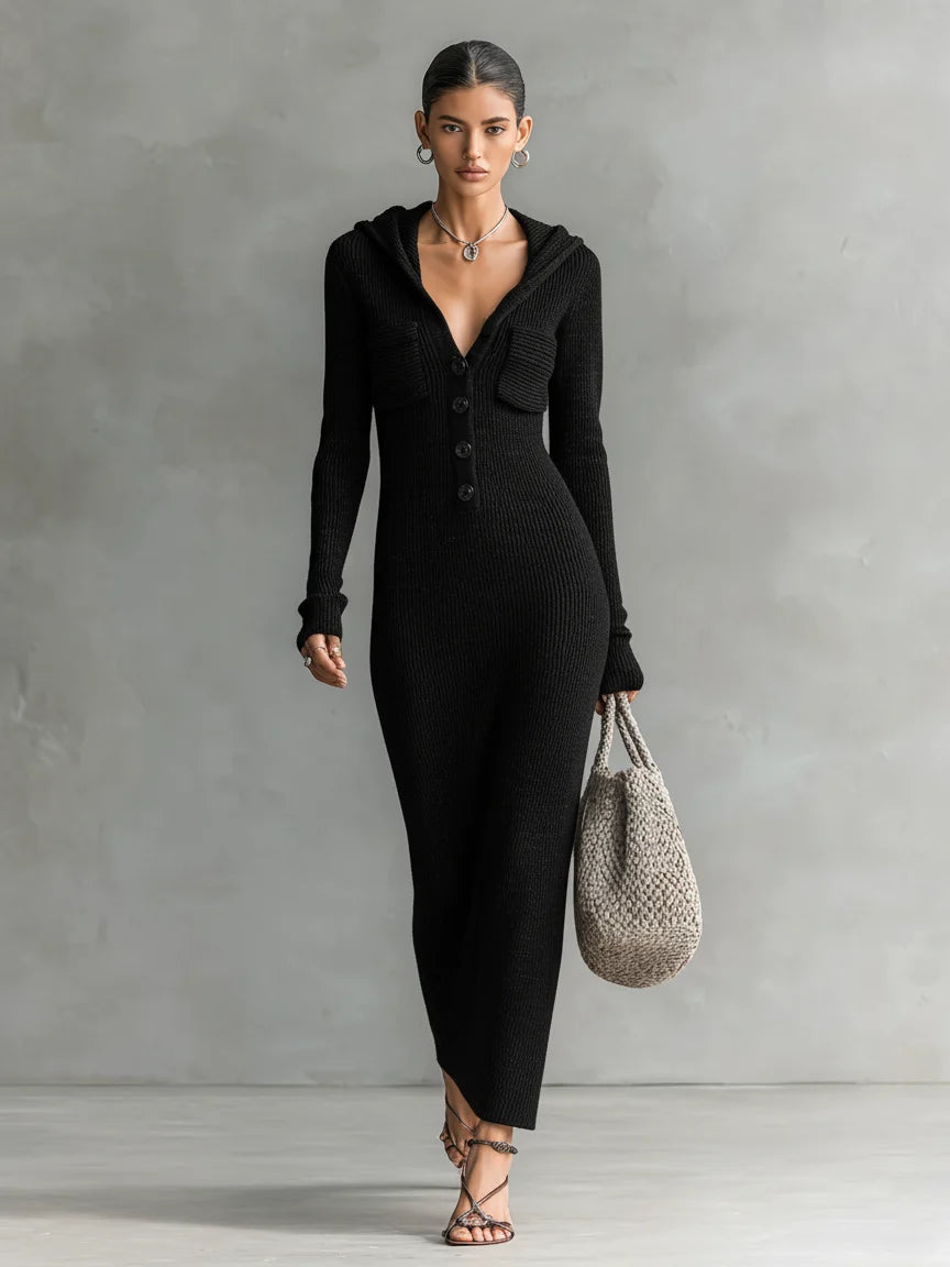 Long Knitted Dress for Women – Fitted Hooded Straight Fit