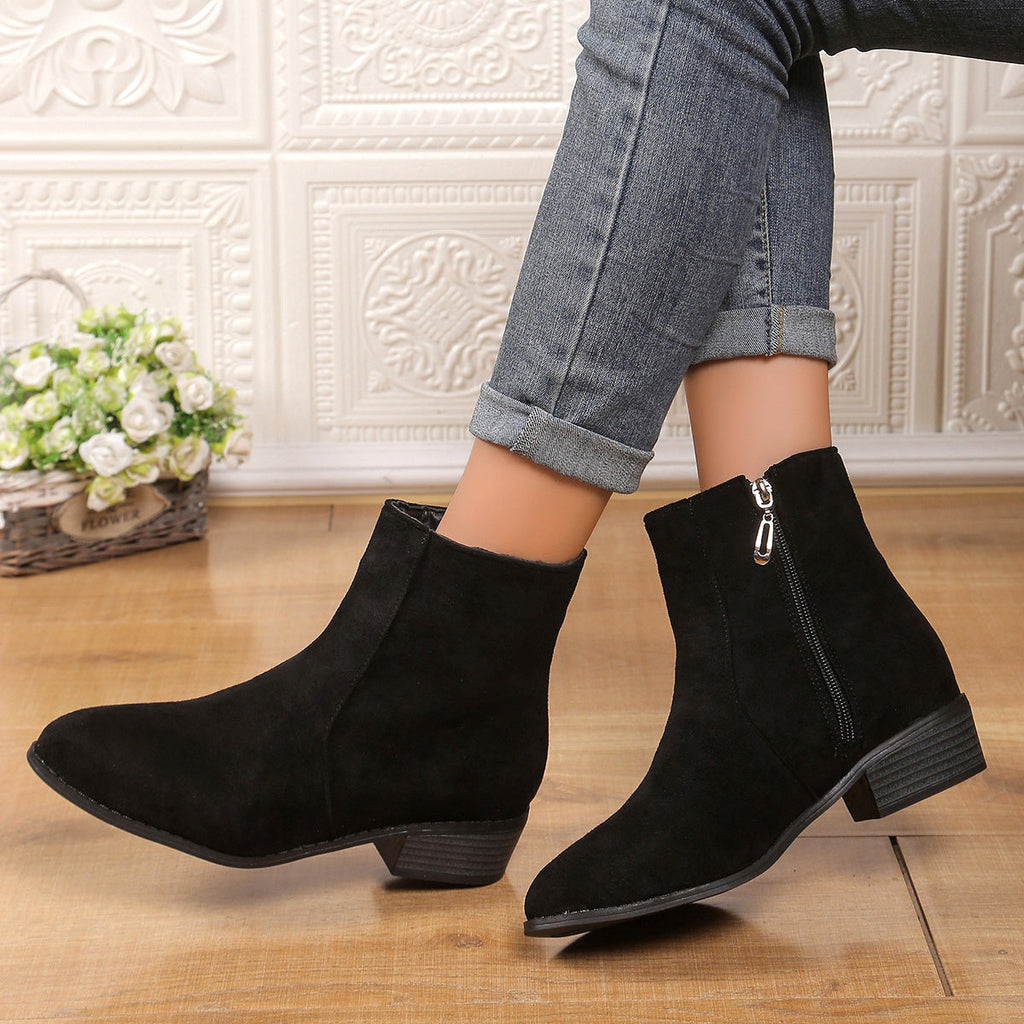 Women's Suede Ankle Boots – Block Heel, Side Zip Closure