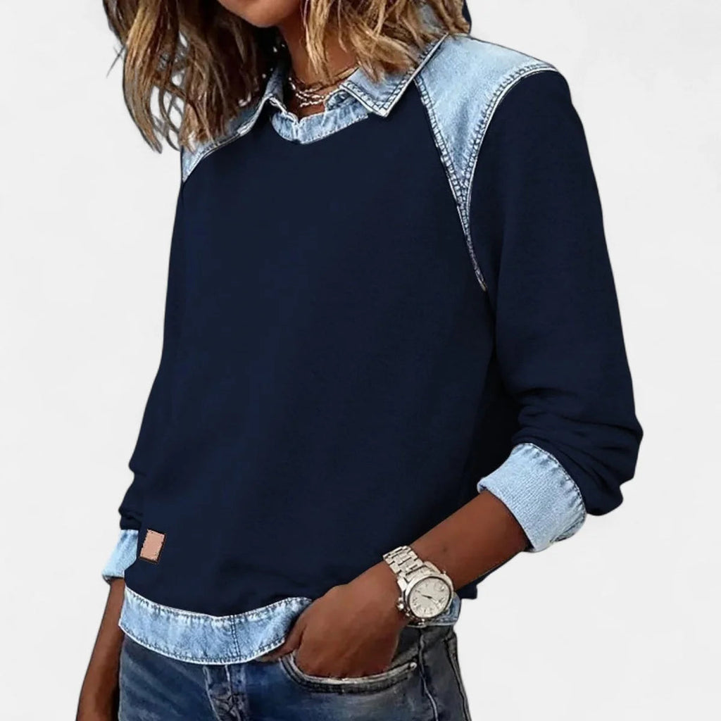 Women's Knit Sweater – Contrasting Denim Shirt Collar