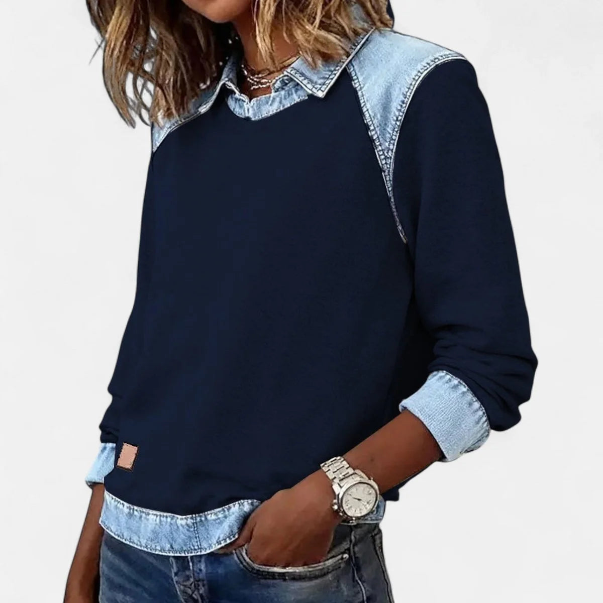Women's Knit Sweater – Contrasting Denim Shirt Collar