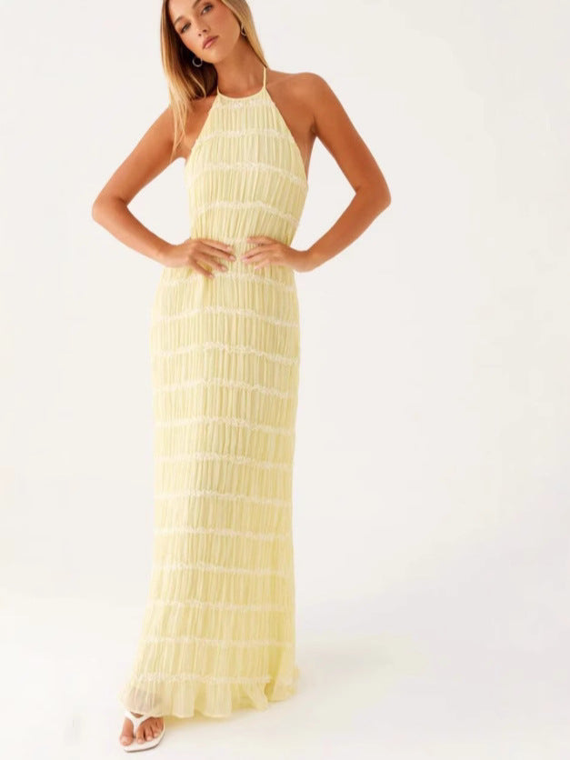 Women's Striped Pleated Maxi Dress – Elegant Halter Open Back