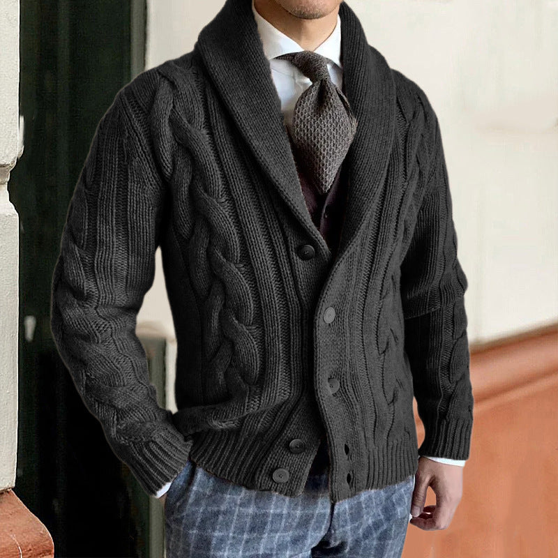 Men's Knit Cardigan - Buttoned Twisted Shawl Collar