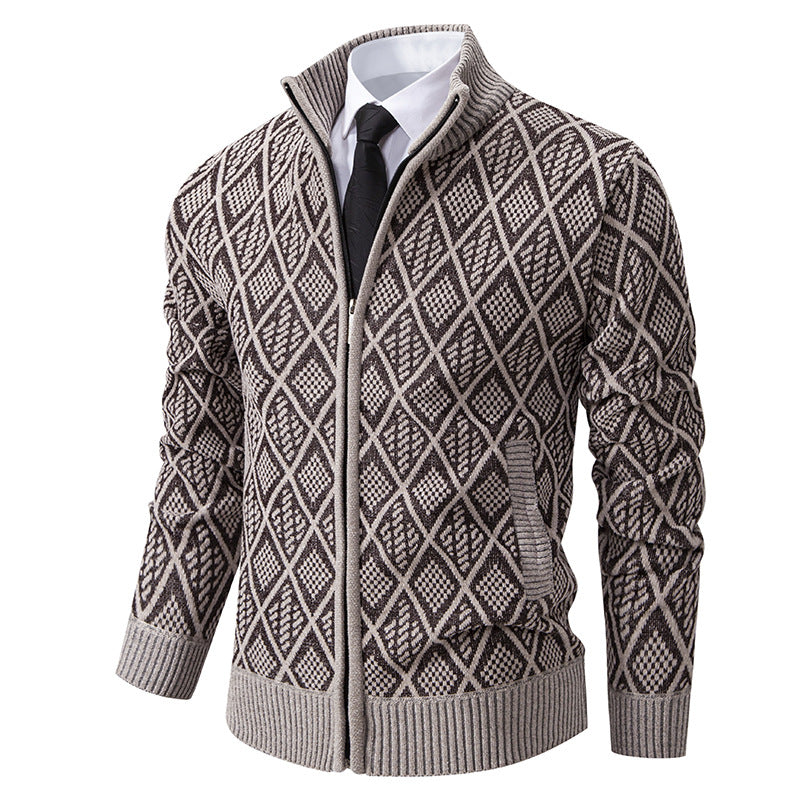 Men's Cardigan with Stand Collar - Zip Closure and Side Pocket
