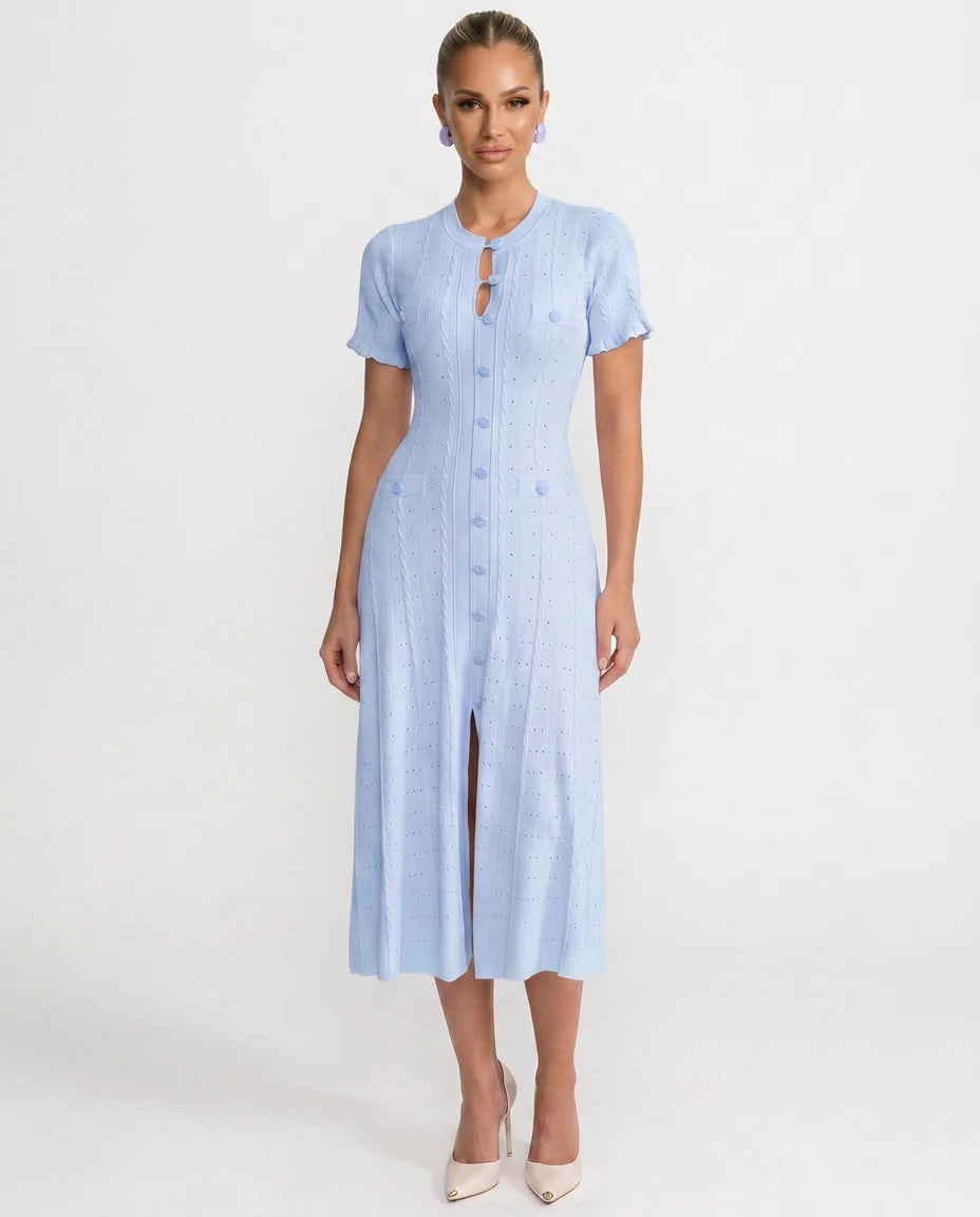 Women's Ribbed Knit Dress – Elegant Button Fastening and Midi Fit