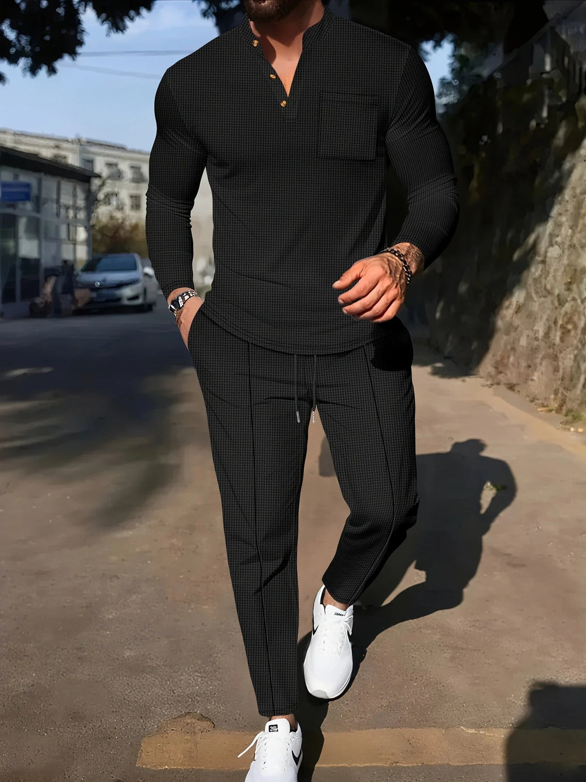 Men's Two-Piece Waffle Set – Henley Top & Casual Trousers