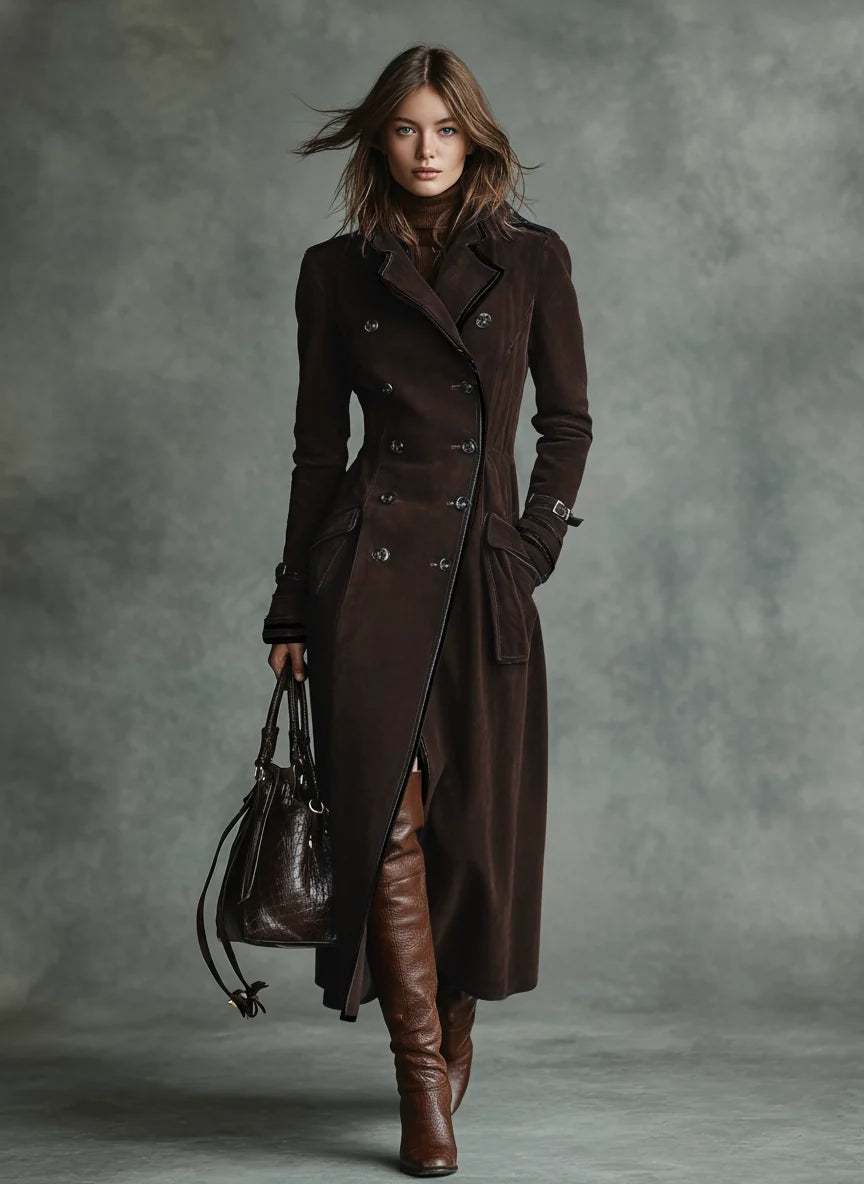 Women's Long Faux Suede Coat – Modern Notched-Collar Silhouette
