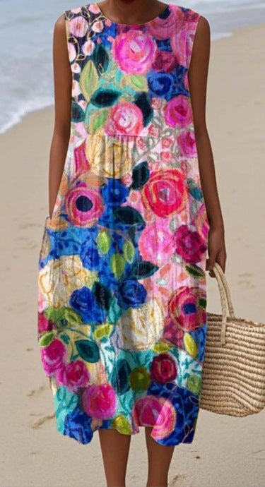 Women's Sleeveless Midi Dress – Casual Fit Elegant Print