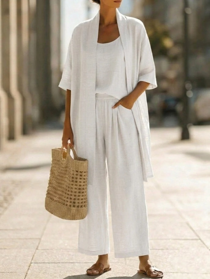 Women's Three-Piece Set – Mid-Length Cardigan, Tank Top and Straight Trousers