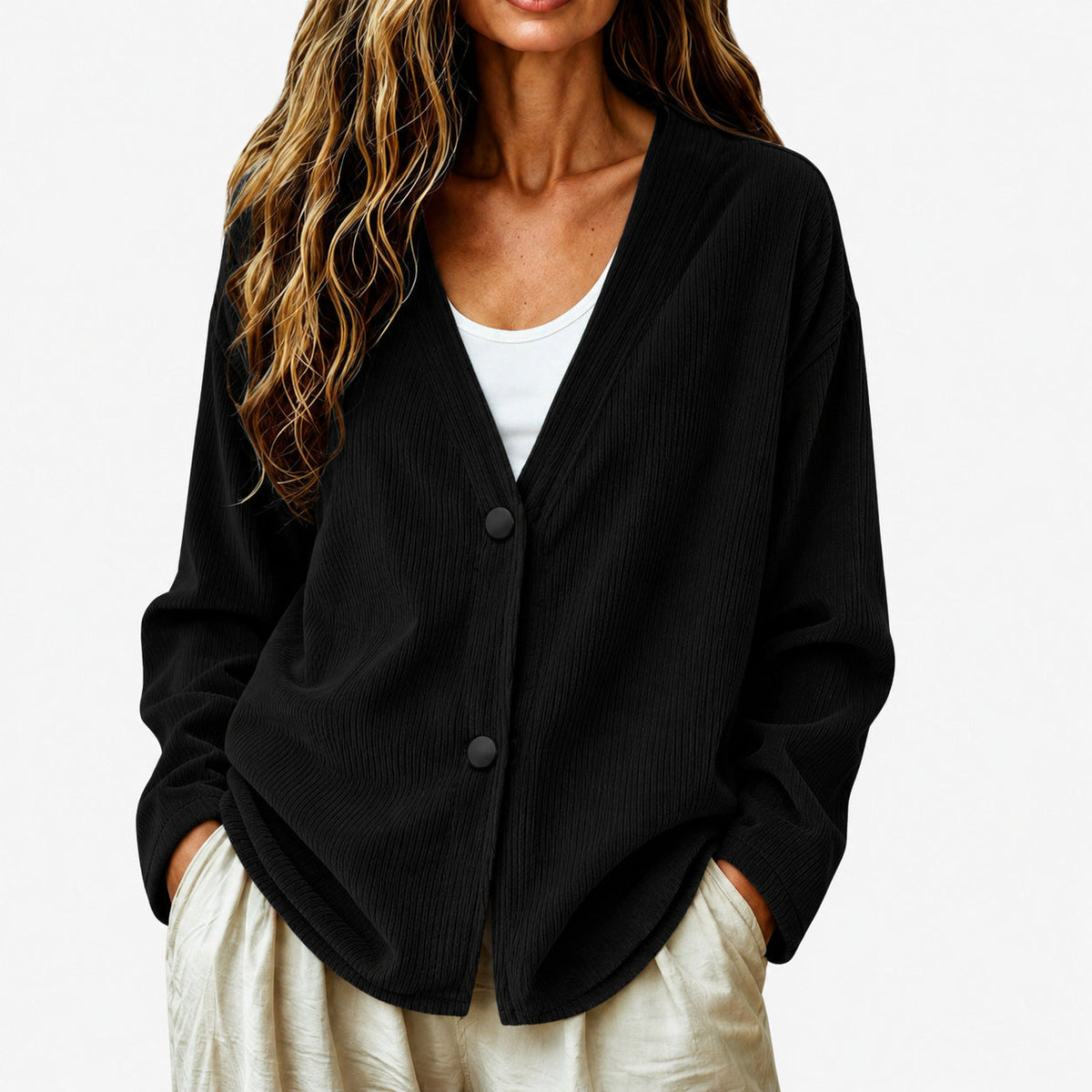 Women's Corduroy-Effect Cardigan – Relaxed Buttoned Fit