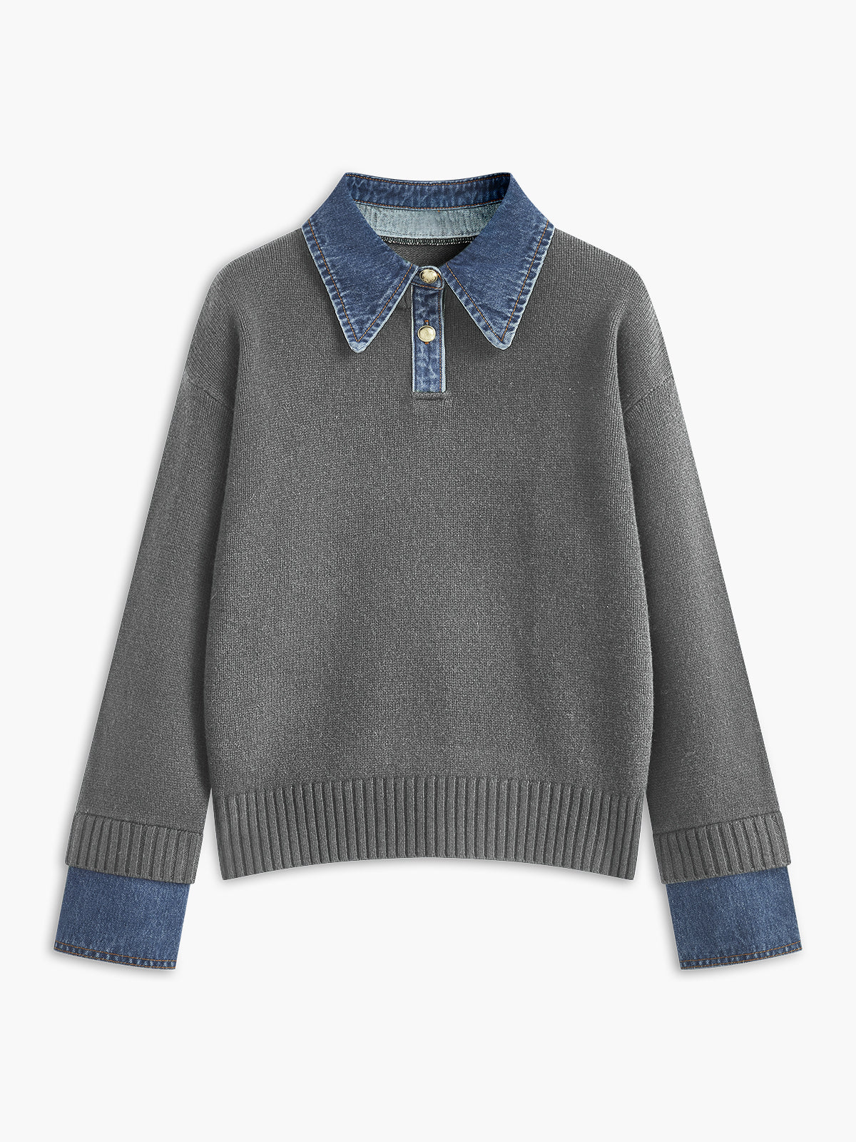 Women's Layered-Effect Knit Sweater – Denim Shirt Collar