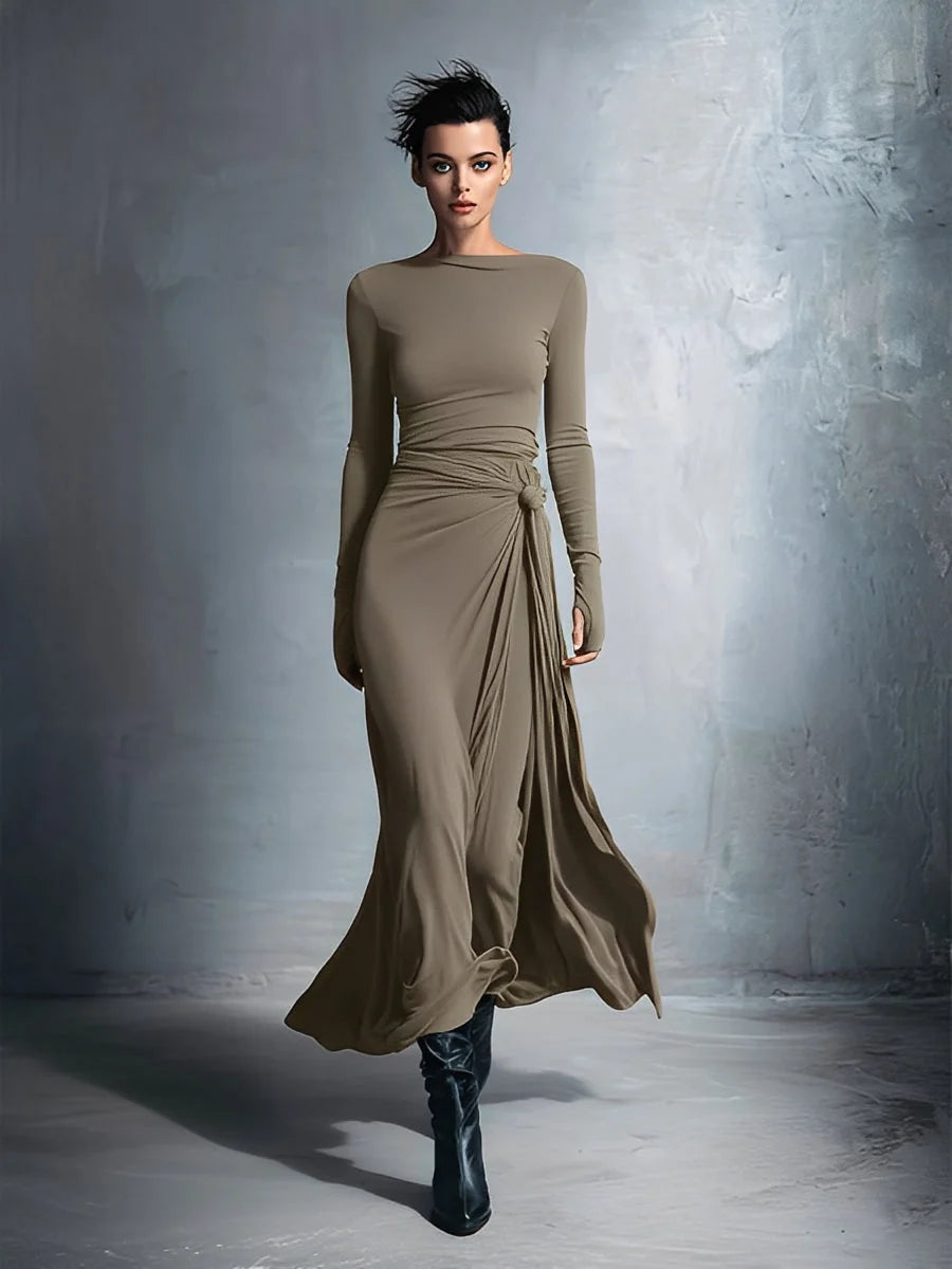 Maxi Wrap Dress for Women – Elegant Bow Detail Long Sleeves