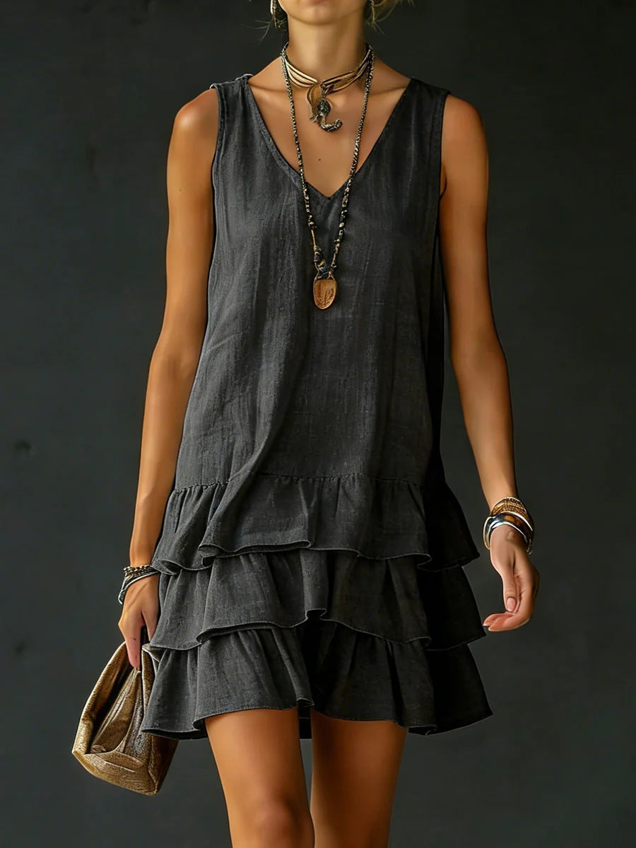 Women's Mini Dress – Lightweight Textured Fabric Sleeveless with Ruffles