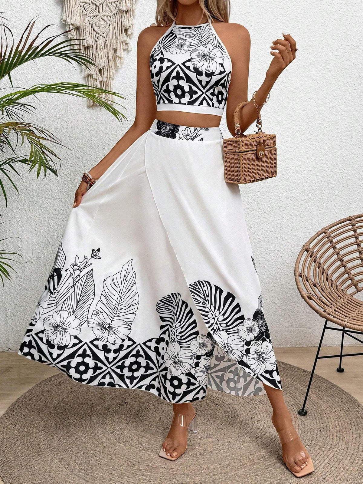 Women's Two-Piece Set Floral Print – Slim Fit