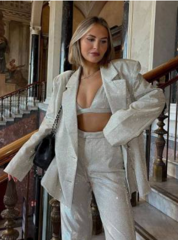Women's 3-Piece Set – Shiny-Finish Blazer, Bralette, Straight-Leg Trousers