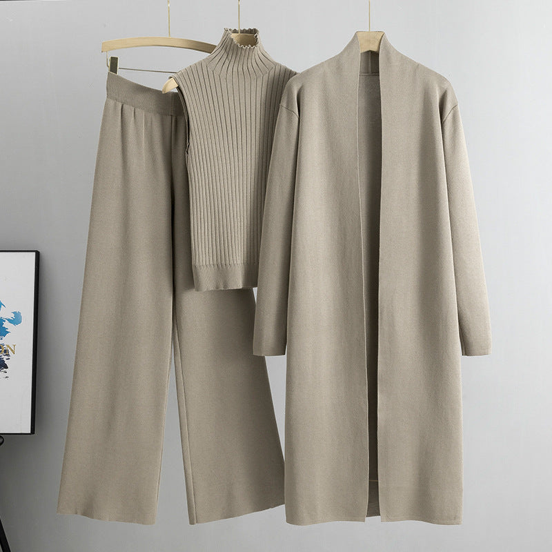 Women's 3-Piece Knitwear Set – Sleeveless Vest, Long Cardigan and Wide-Leg Trousers