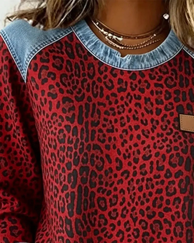 Women's Patchwork Sweatshirt – Crew Neck, Embossed Floral Pattern