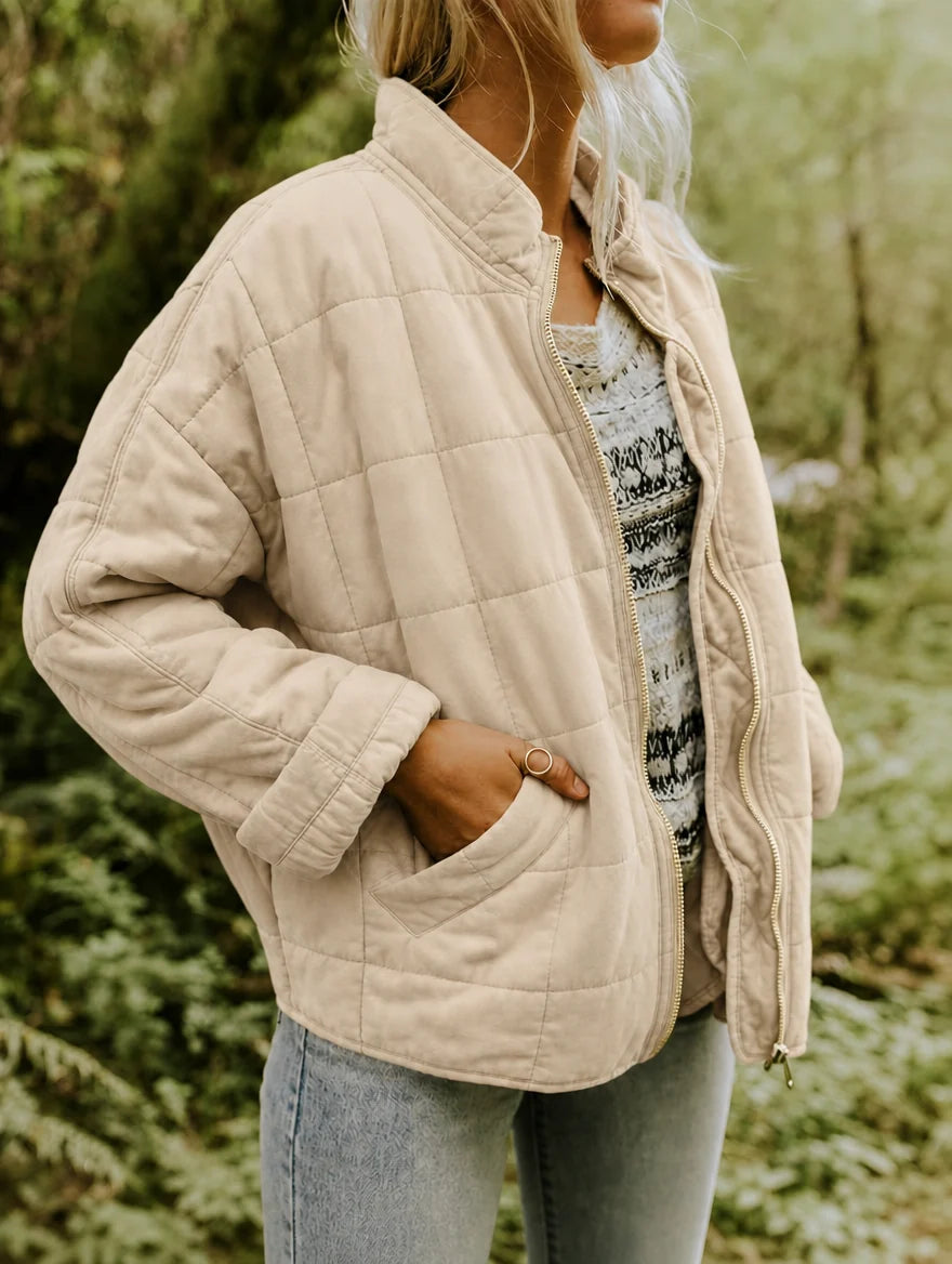 Women's quilted Jacket with Zipper Closure – Stand Collar, Diamond Pattern