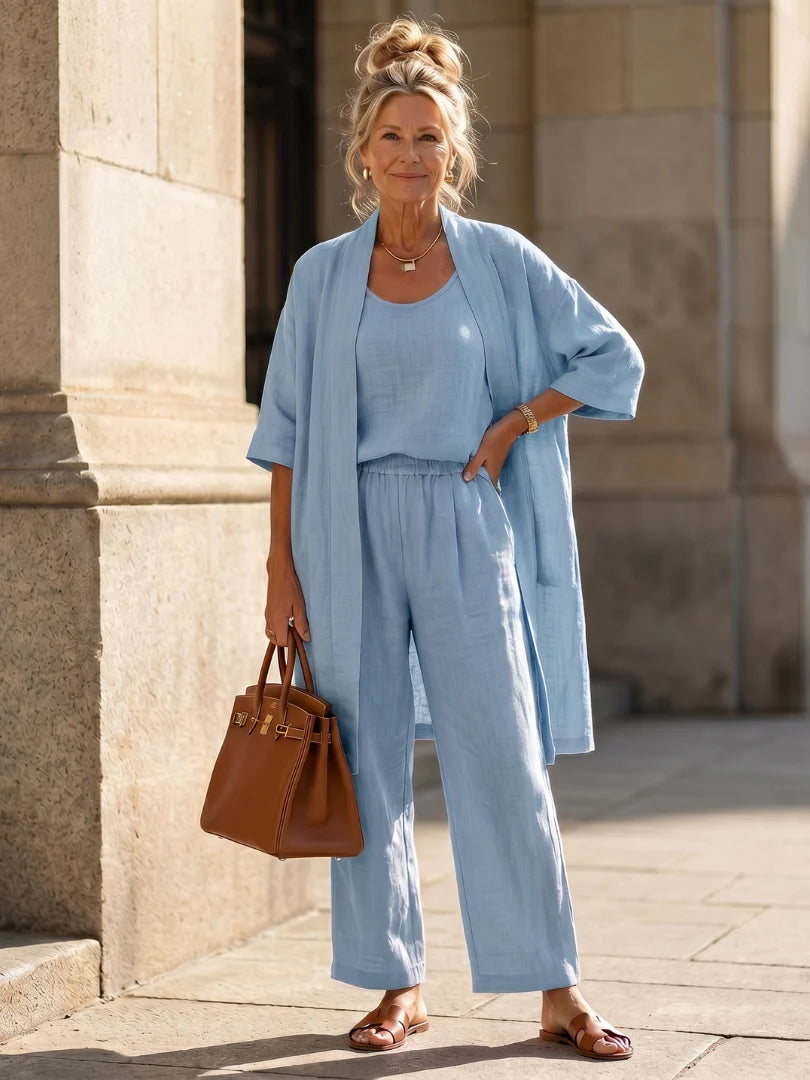 Women's Three-Piece Set – Mid-Length Cardigan, Tank Top and Straight-Leg Trousers