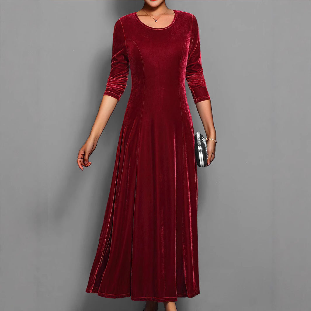 Women's Long Velvet Dress – A-Line Fit, Elegant 3/4 Sleeves