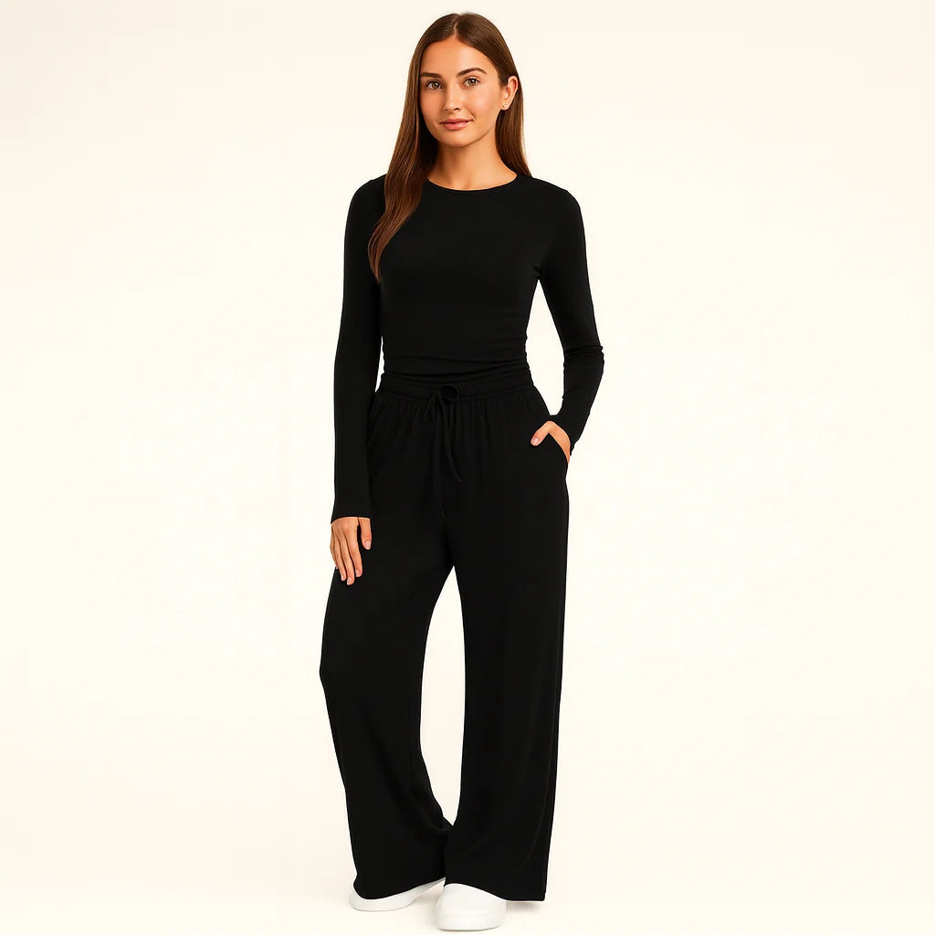 Women's Two-Piece Set - High-Waisted Wide-Leg Trousers & Long-Sleeved Top