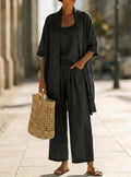 Women's Three-Piece Set – Mid-Length Cardigan, Tank Top and Straight Trousers
