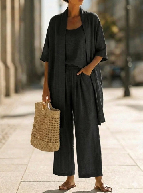 Women's Three-Piece Set – Mid-Length Cardigan, Tank Top and Straight Trousers