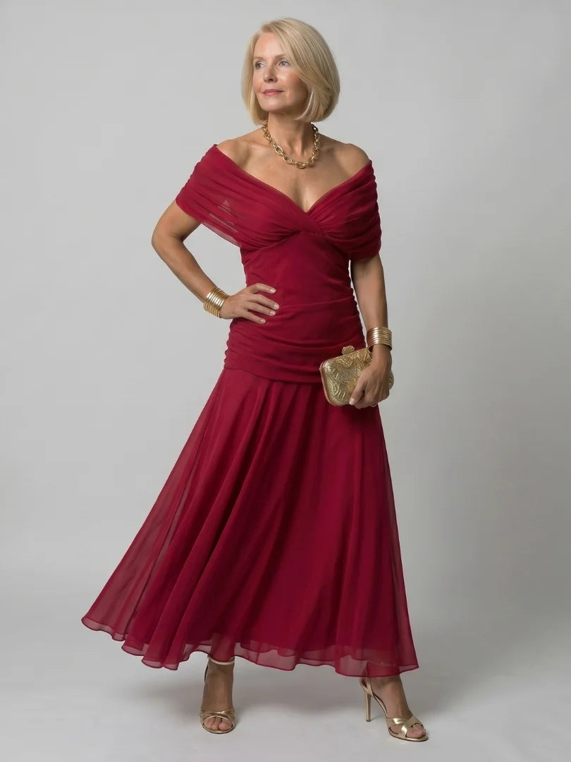 Women's Maxi Chiffon Dress – V-Neck Print, Short Sleeves