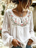 Women's Blended Linen Blouse – Floral Embroidery, Relaxed Fit