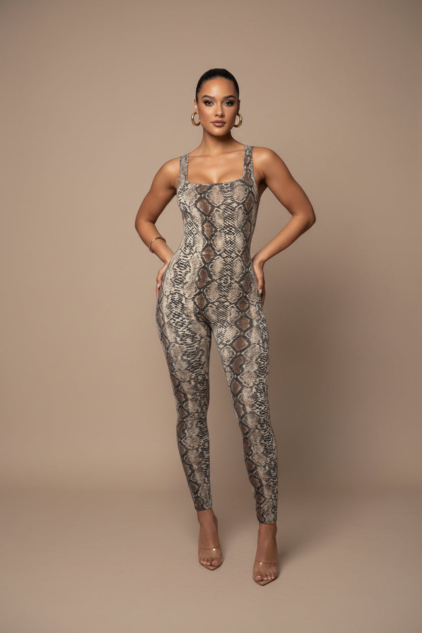 Women's Printed Jumpsuit - Square Neckline and Open Back