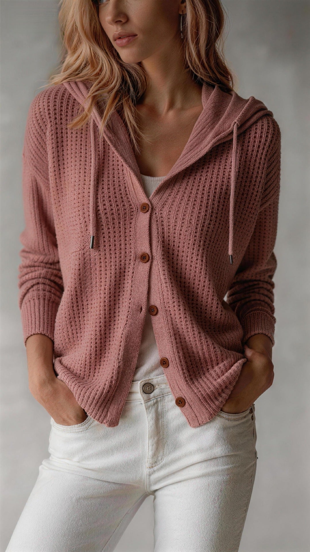 Women's Hooded Knitwear Vest – Relaxed Fit, Button Closure