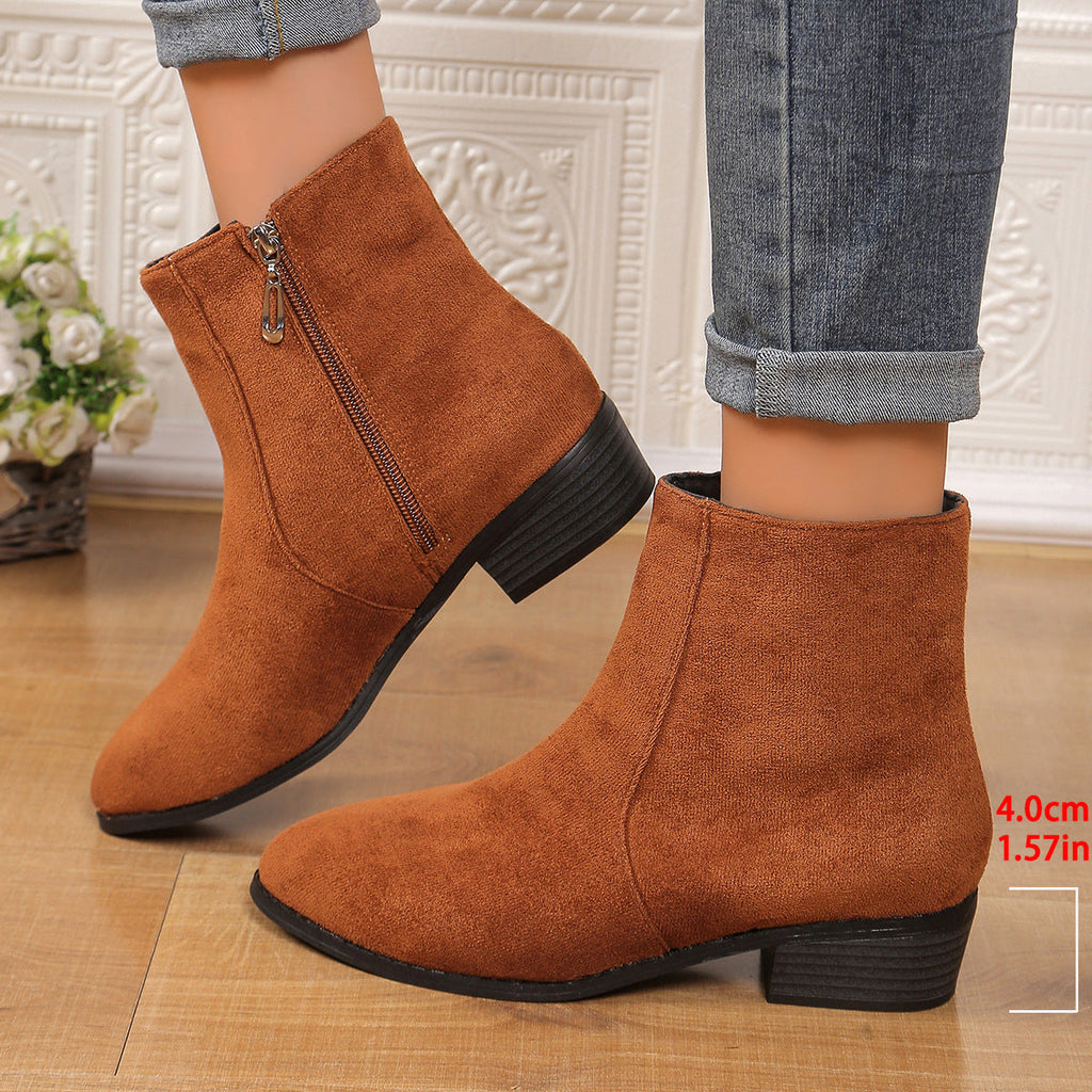 Women's Suede Ankle Boots – Block Heel, Side Zip Closure