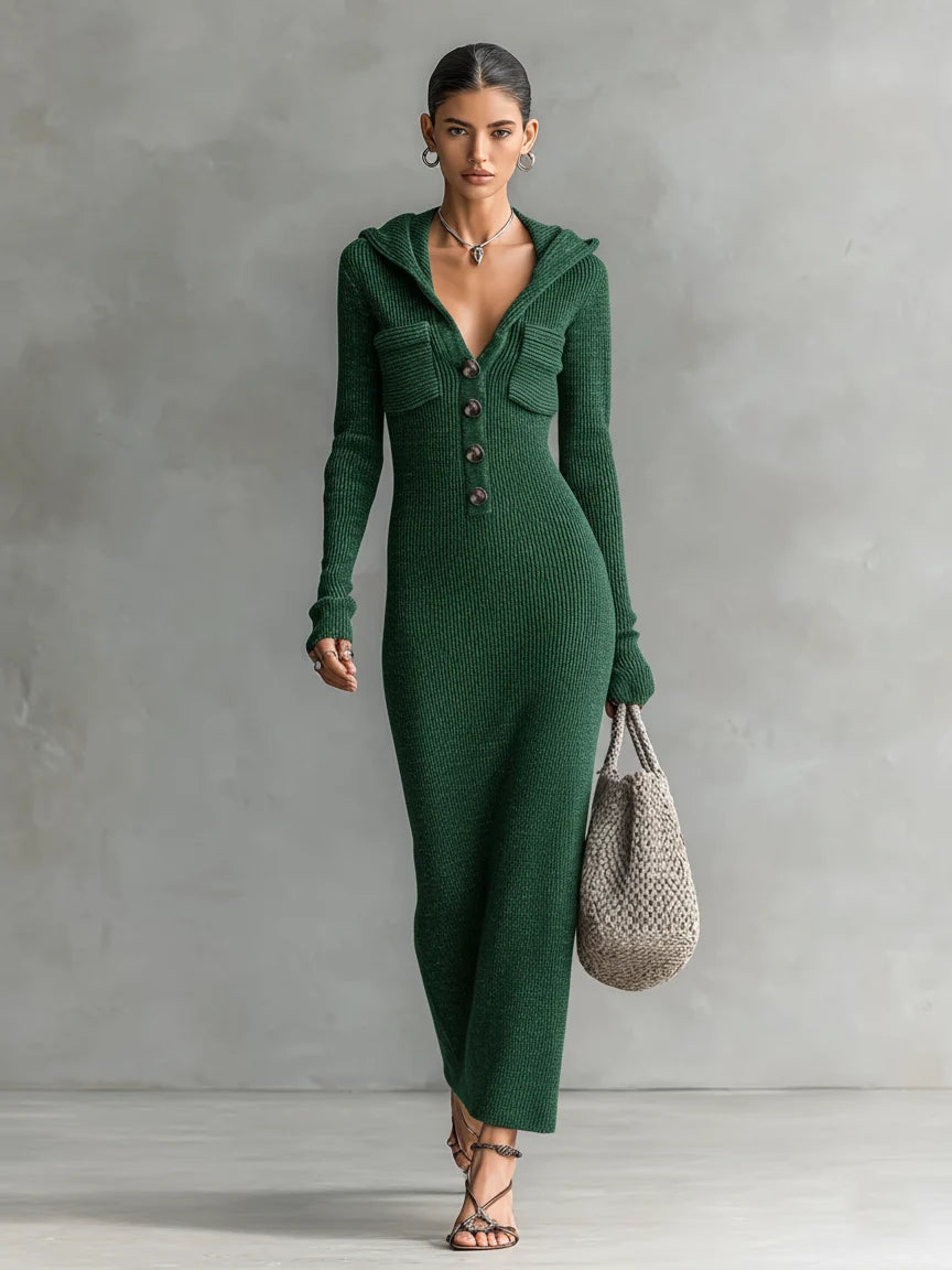 Long Knitted Dress for Women – Fitted Hooded Straight Fit