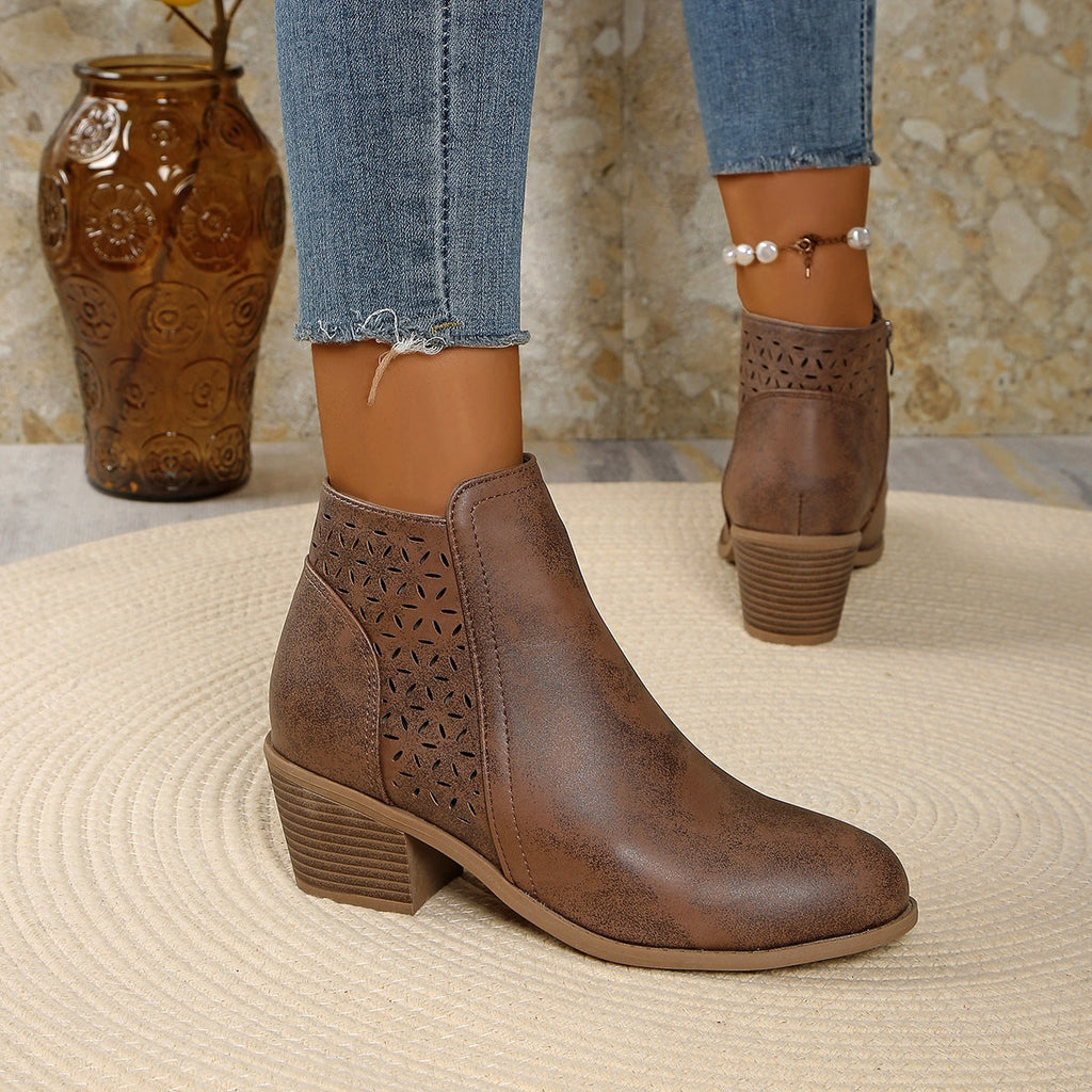 Women's Low-Heel Ankle Boots – Modern Cutouts and Side Zip