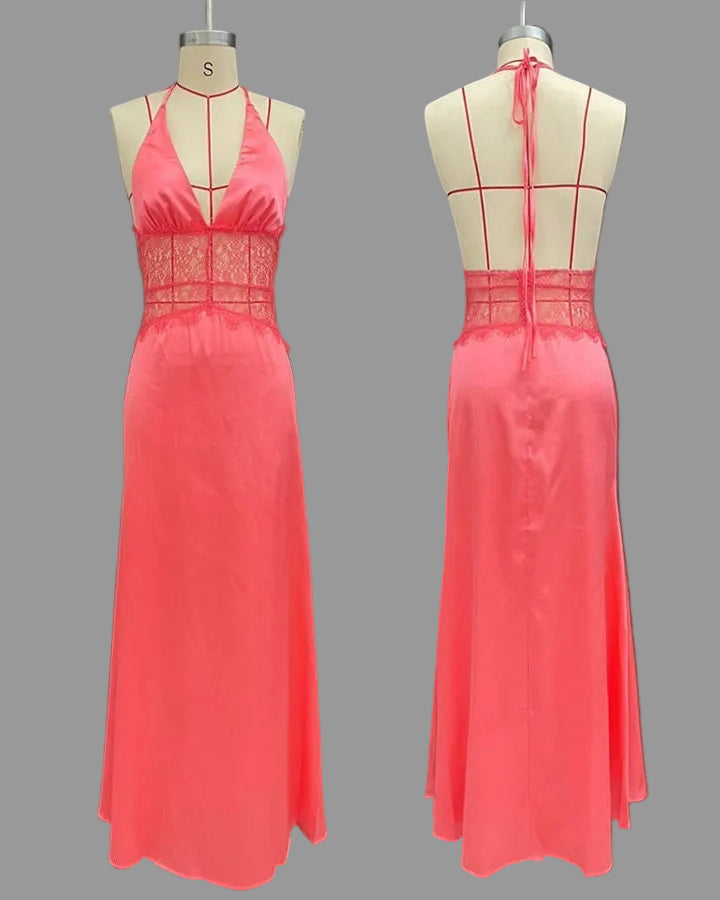 Women's Long Satin Dress – Seamless Halter with High Slit