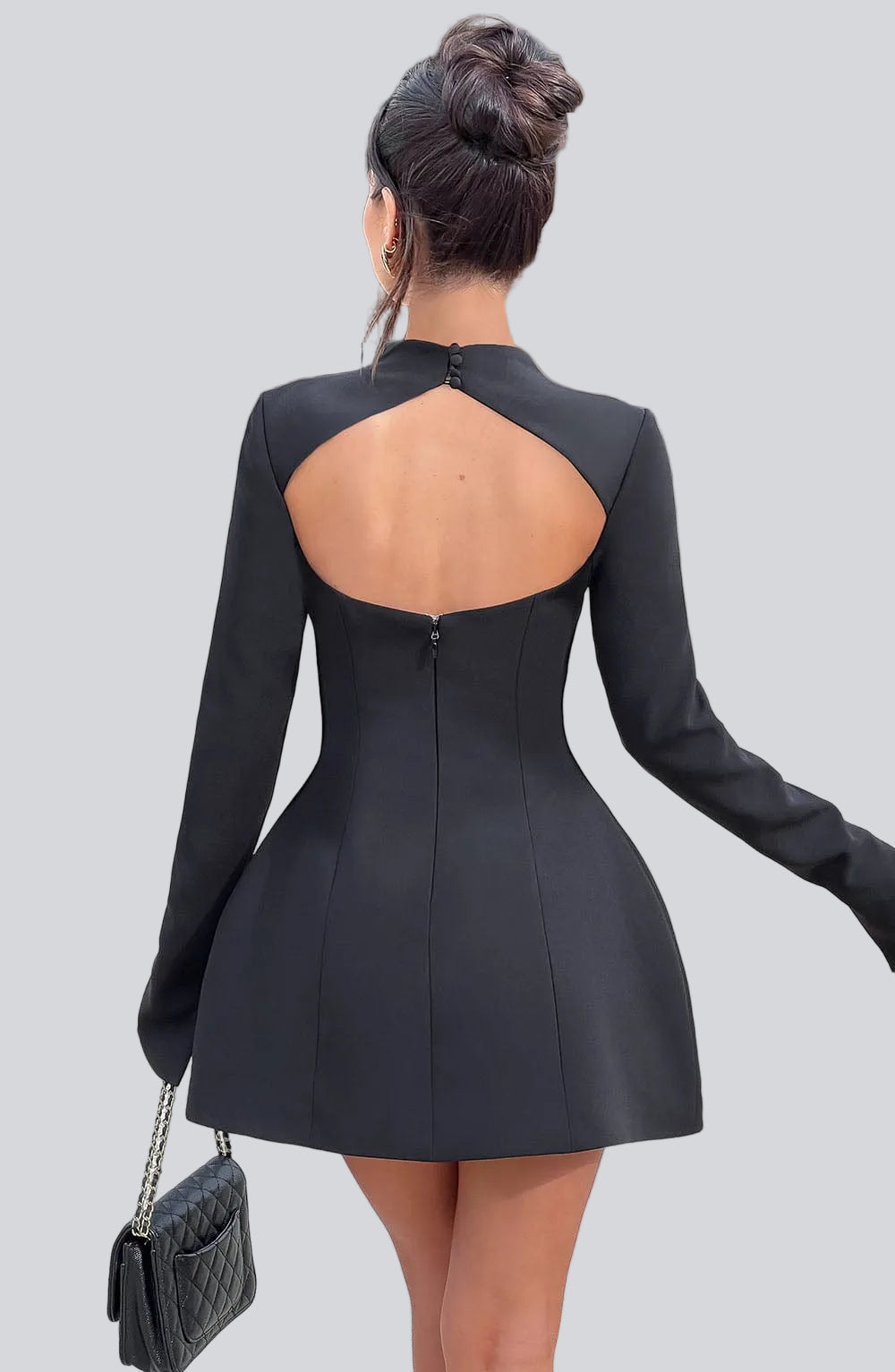 Mini A-Line Dress for Women - Long Sleeves, High Waist, Open Back