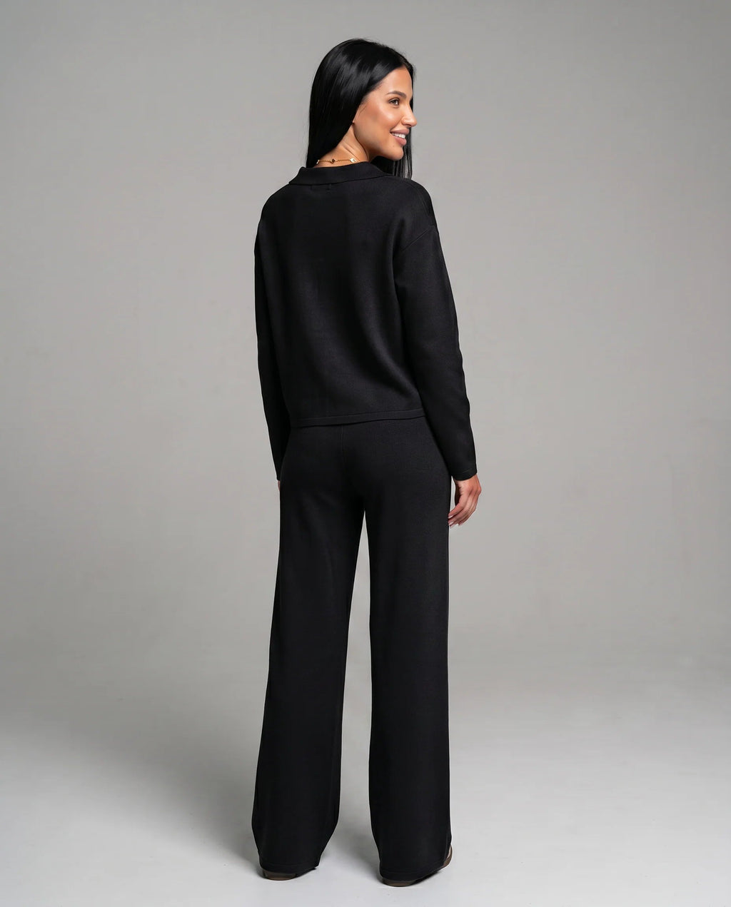 Women's Two-Piece Set – Relaxed V-Neck Top and Wide-Leg Trousers