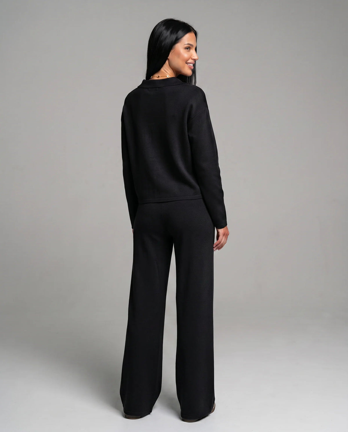 Women's Two-Piece Set – Relaxed V-Neck Top and Wide-Leg Trousers