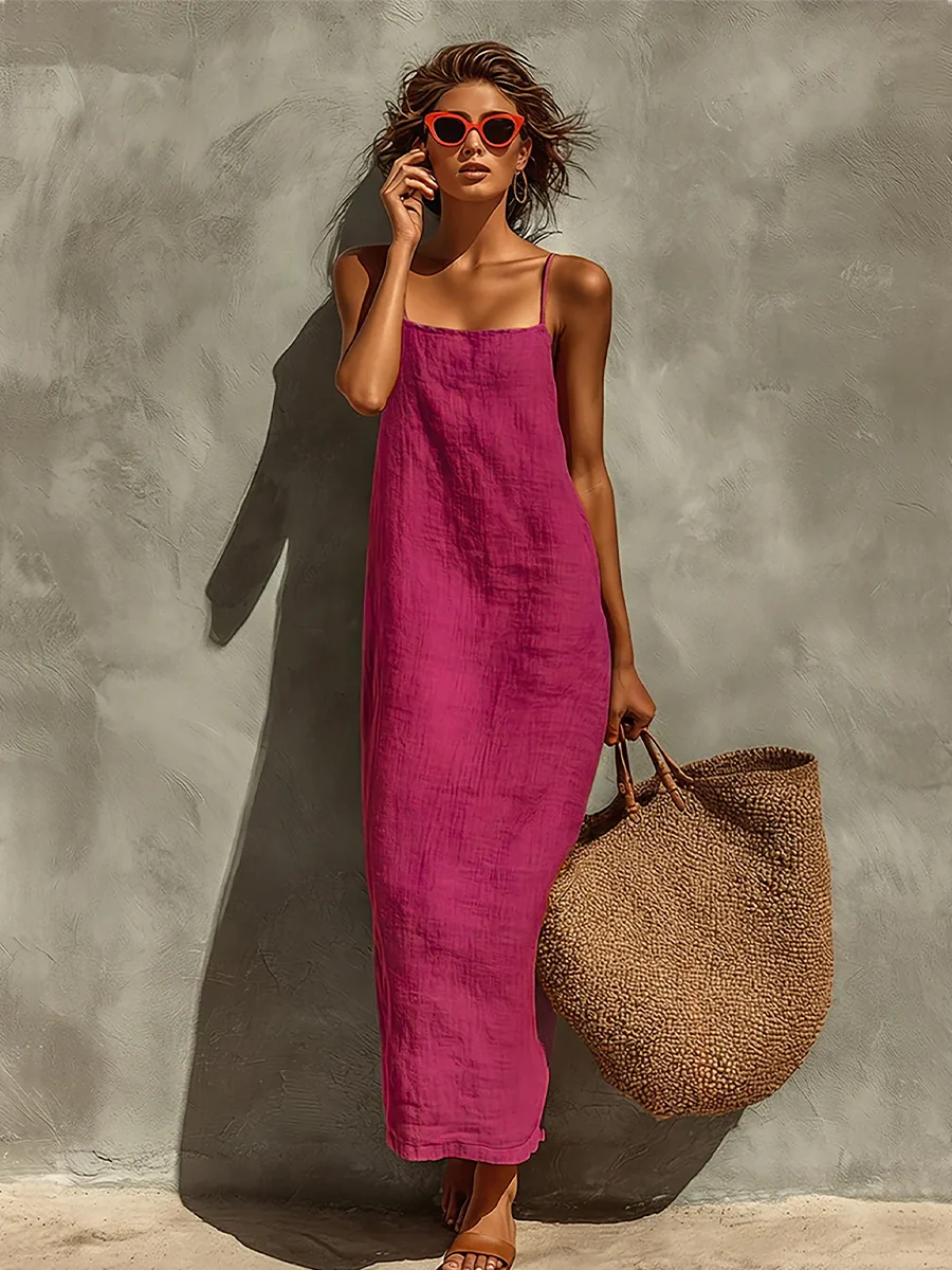 Long Dress for Women in Cotton Blend – Loose Fit Square Neckline
