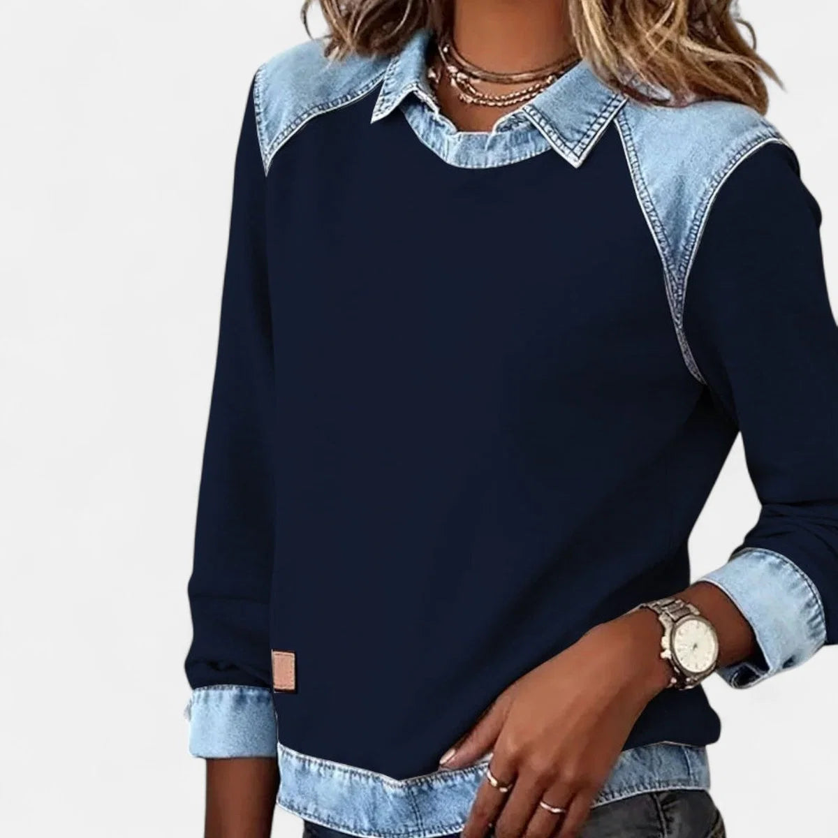 Women's Knit Sweater – Contrasting Denim Shirt Collar