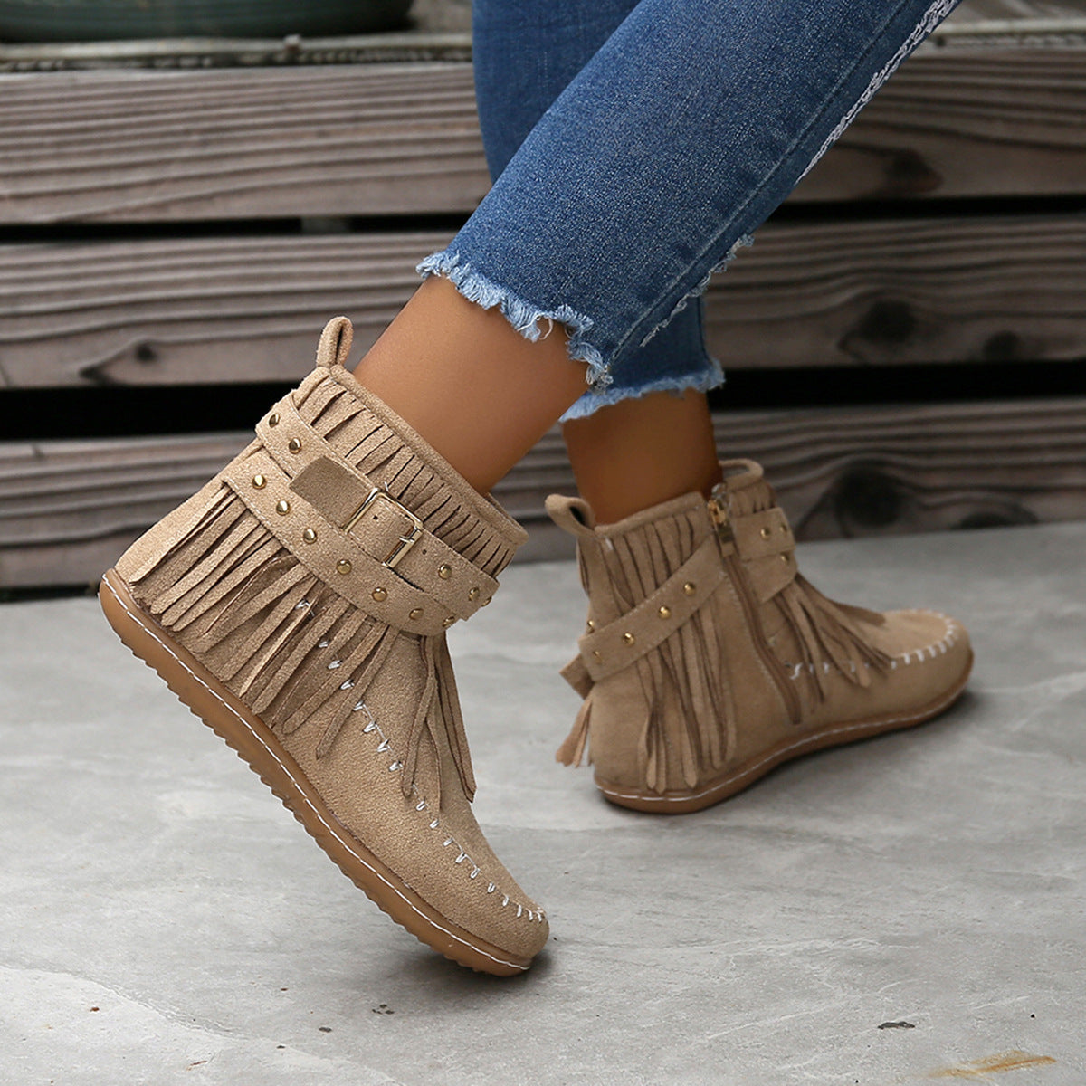 Women's Suede Ankle Boots – Casual Fringes & Flat Heel