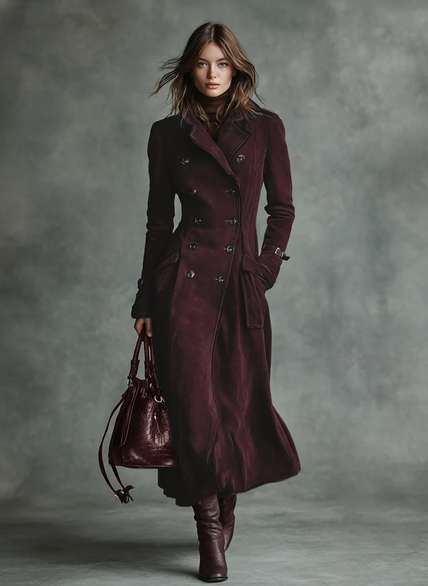 Women's Long Faux Suede Coat – Modern Notched-Collar Silhouette
