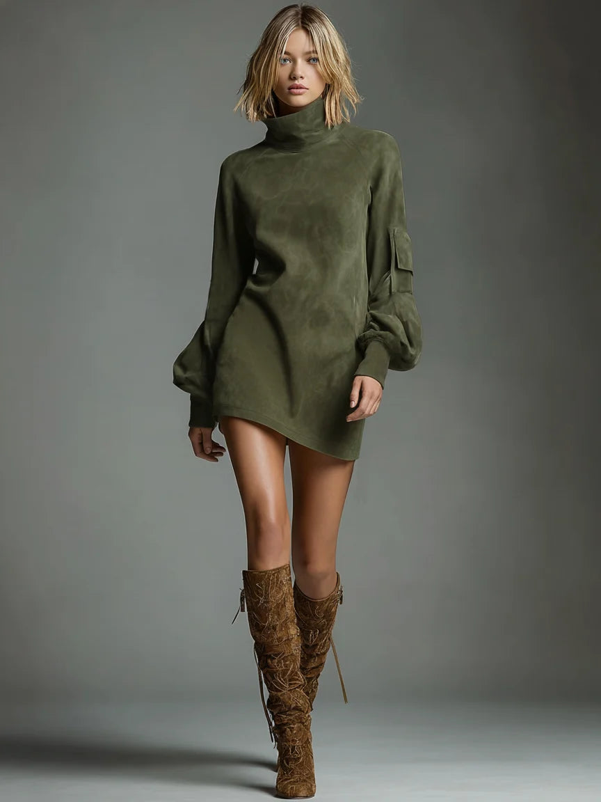 Mini Dress for Women with High Neck and Long Sleeves – Casual Fit