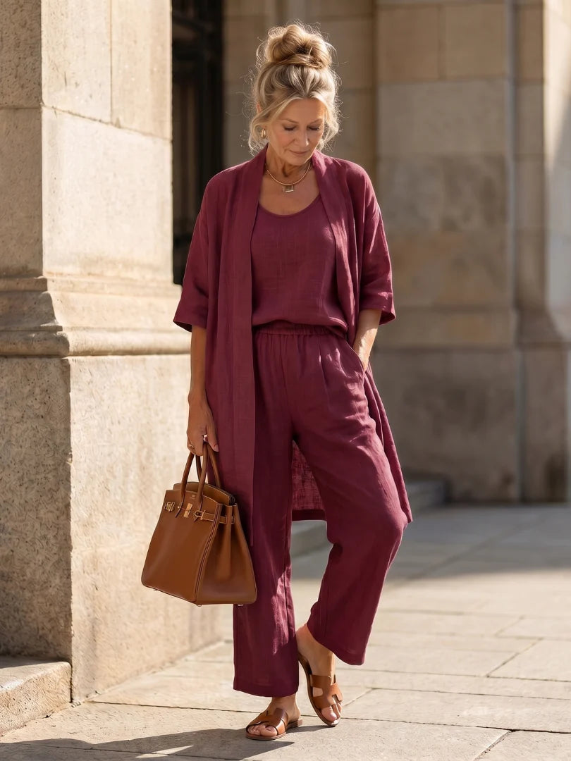 Women's Three-Piece Set – Mid-Length Cardigan, Tank Top and Straight-Leg Trousers