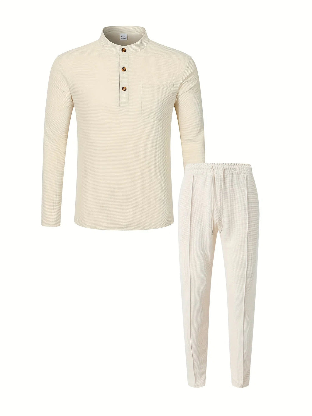 Men's Two-Piece Waffle Set – Henley Top & Casual Trousers