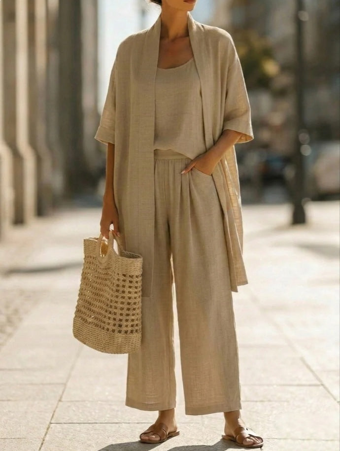 Women's Three-Piece Set – Mid-Length Cardigan, Tank Top and Straight Trousers