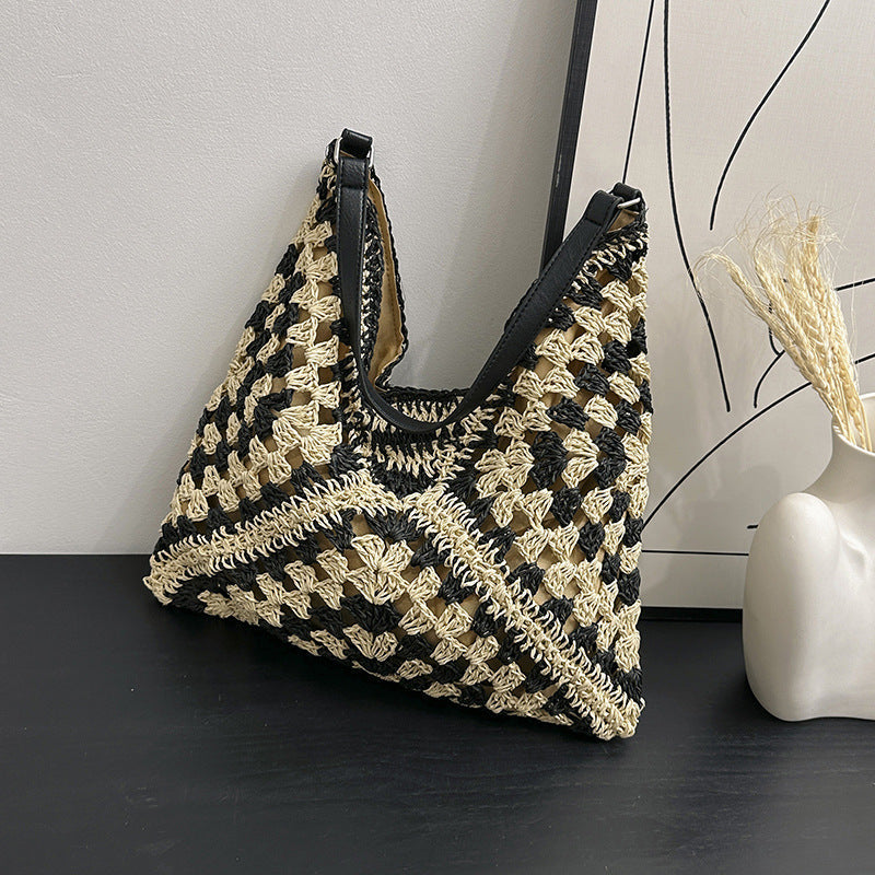 Women's Shoulder Bag Handwoven in Straw – Openwork Contrasting Weave