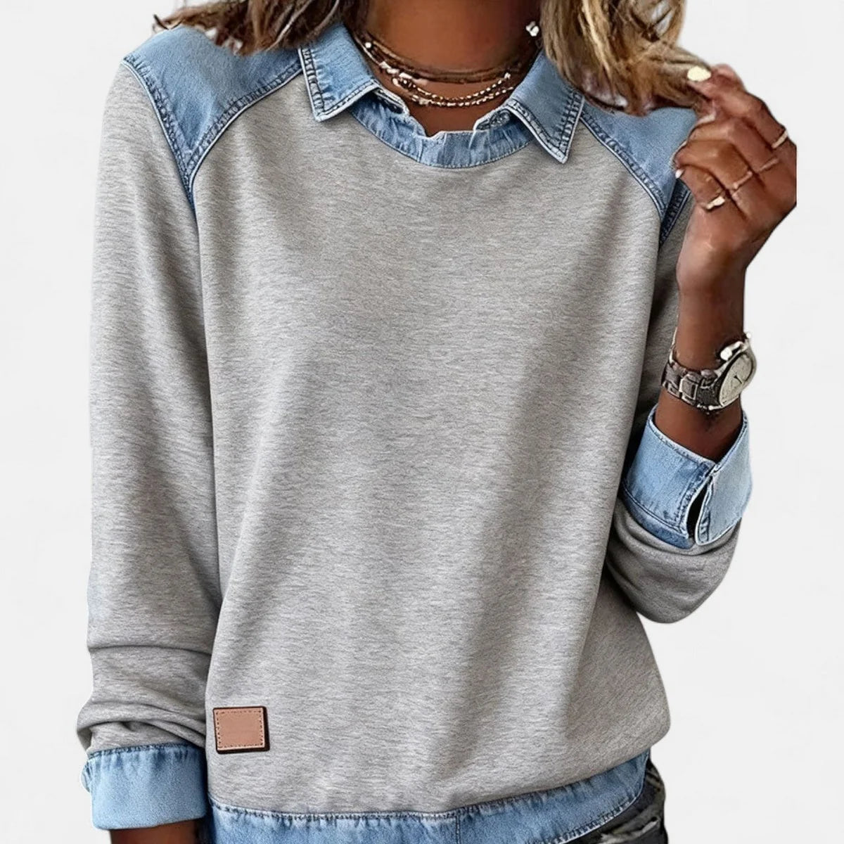 Women's Knit Sweater – Contrasting Denim Shirt Collar